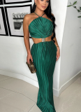 Sexy Pleated Tie-Waist Evening Gown With Back Slit Dress