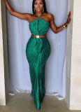 Sexy Pleated Tie-Waist Evening Gown With Back Slit Dress