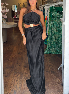 Sexy Pleated Tie-Waist Evening Gown With Back Slit Dress
