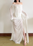 Sexy Mesh Solid Color Off-Shoulder Sheer Long-Sleeve Dress