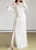 Sexy Mesh Solid Color Off-Shoulder Sheer Long-Sleeve Dress