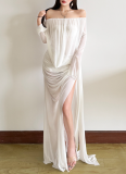 Sexy Mesh Solid Color Off-Shoulder Sheer Long-Sleeve Dress