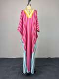 Fashionable V-neck Striped Loose Long Dress