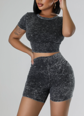 Fashion Distressed Washed Floral Cotton Short-Sleeved High-Waisted Shorts Two-Piece Set
