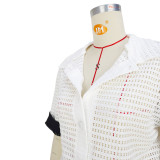 Fashionable Color-Blocked Hollow-Out Cardigan Short-Sleeve Shorts Two-Piece Set