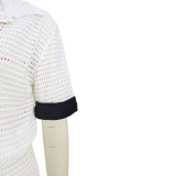 Fashionable Color-Blocked Hollow-Out Cardigan Short-Sleeve Shorts Two-Piece Set