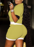 Fashionable Color-Blocked Hollow-Out Cardigan Short-Sleeve Shorts Two-Piece Set