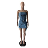 2026 Sexy Strapless Elastic Irregular Denim Dress