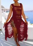 Solid Color Casual Knitted Tassel Tie-up Hollow-out Beach Dress