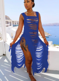 Solid Color Casual Knitted Tassel Tie-up Hollow-out Beach Dress