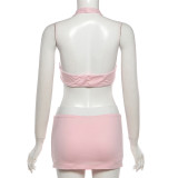 Sexy U-neck Halter Neck Backless Printed Vest and Color-blocked Skirt Set