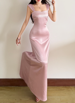 Sexy Strapless Backless Rhinestone-Studded Waist-cinching Long Dress