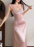Sexy Strapless Backless Rhinestone-Studded Waist-cinching Long Dress
