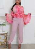 Sexy Off-Shoulder Mesh Printed Bell Sleeve Top