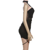 New Solid Color Mesh Panel High-Waisted Slim Fit Bodycon Dress