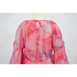 Sexy Off-Shoulder Mesh Printed Bell Sleeve Top
