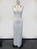 Sexy Solid Color V-Neck Knitted Hollow-Out Beach Dress Bikini Swimsuit Dress