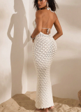 Sexy Solid Color V-Neck Knitted Hollow-Out Beach Dress Bikini Swimsuit Dress