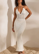 Sexy Solid Color V-Neck Knitted Hollow-Out Beach Dress Bikini Swimsuit Dress