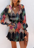 2026 Fashionable Printed V-Neck Slim Waist Long Sleeve Dress