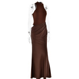 New Round Neck Sleeveless Slim Fit Patchwork Hollow-Out Long Dress