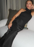 New Round Neck Sleeveless Slim Fit Patchwork Hollow-Out Long Dress
