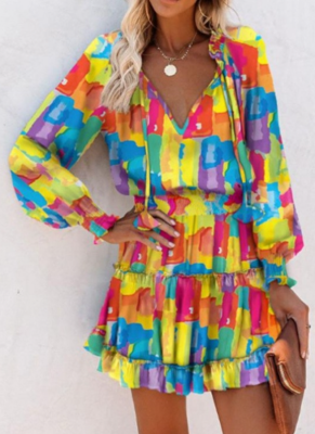 2026 Fashionable Printed V-Neck Slim Waist Long Sleeve Dress