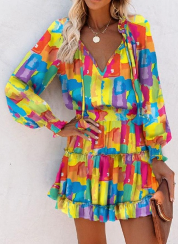 2026 Fashionable Printed V-Neck Slim Waist Long Sleeve Dress