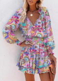 2026 Fashionable Printed V-Neck Slim Waist Long Sleeve Dress