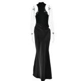New Round Neck Sleeveless Slim Fit Patchwork Hollow-Out Long Dress