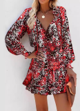2026 Fashionable Printed V-Neck Slim Waist Long Sleeve Dress