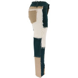 Summer Mixed Color Patchwork High-Waisted Slim Fit Straight Leg Jeans