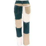 Summer Mixed Color Patchwork High-Waisted Slim Fit Straight Leg Jeans