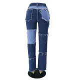 Summer Mixed Color Patchwork High-Waisted Slim Fit Straight Leg Jeans