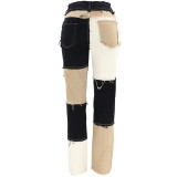 Summer Mixed Color Patchwork High-Waisted Slim Fit Straight Leg Jeans
