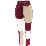 Summer Mixed Color Patchwork High-Waisted Slim Fit Straight Leg Jeans