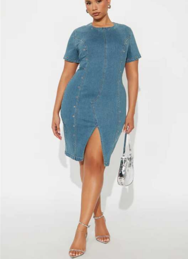 New Summer Slim Fit Short Sleeve Mid-Length Washed Denim Dress