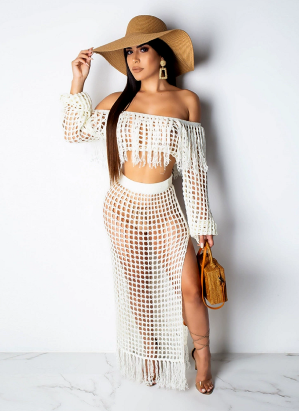 Sexy and Fashionable Hollow-out Mesh Tassel Sheer Two-Piece Set