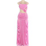 Fashion Solid Color Mesh Patchwork Sheer Camisole Top and Skirt Set