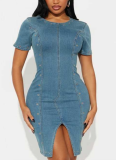 New Summer Slim Fit Short Sleeve Mid-Length Washed Denim Dress