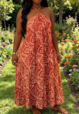 Summer Loose-fitting Printed Halter Neck Sleeveless Full Skirt Dress