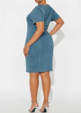New Summer Slim Fit Short Sleeve Mid-Length Washed Denim Dress