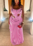 Fashion Solid Color Mesh Patchwork Sheer Camisole Top and Skirt Set