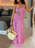 Fashion Solid Color Mesh Patchwork Sheer Camisole Top and Skirt Set