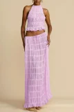 2026 Sexy Sleeveless Backless Halter Neck Top and Full Skirt Set