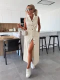 New Sleeveless Long Tie-Waist Single-Breasted Denim Dress