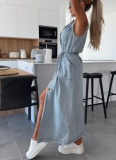 New Sleeveless Long Tie-Waist Single-Breasted Denim Dress
