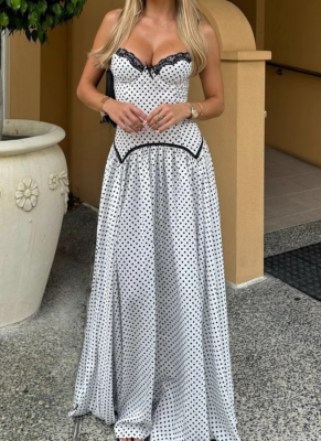 Summer New French Sweet Style Fitted Slimming Backless Strappy White Polka Dot Dress
