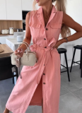 New Sleeveless Long Tie-Waist Single-Breasted Denim Dress