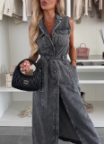 New Sleeveless Long Tie-Waist Single-Breasted Denim Dress